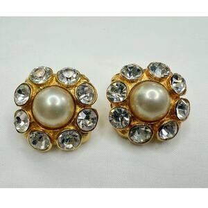 Vintage 1980s French Couture Statement Pearl & Rhinestone Clip-On Earrings